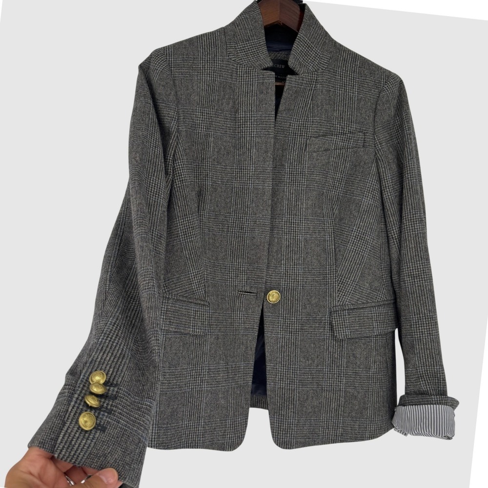 J.Crew Regent Blazer Wool 10 Gray Glen Plaid Gold Button Dark Academia Heritage